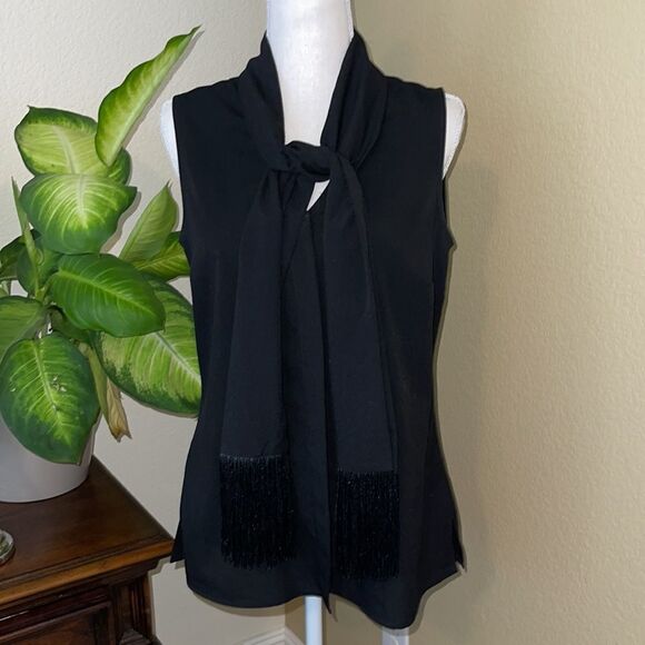 Cabi 3430 Black Sleeveless Top fringe Scarf Tie Blouse Career Small - Picture 2 of 3